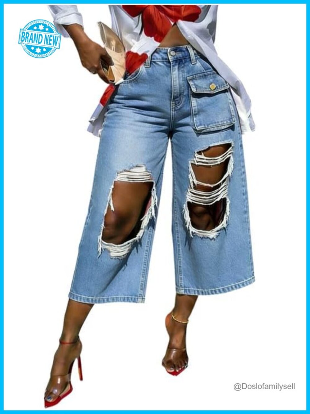 High Waisted Ripped Denim Capris Baggy Wide Leg Distressed Streetwear Pants